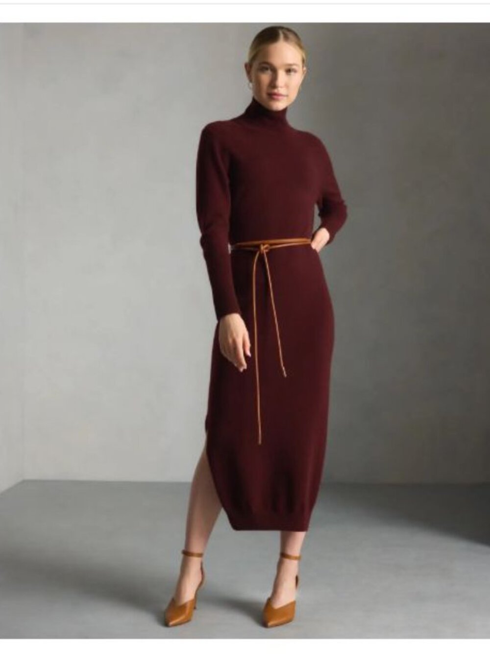 QUINCE NWT $195 Turtleneck 100% Cashmere Midi Sweater Dress XS Sm Rich Burgundy